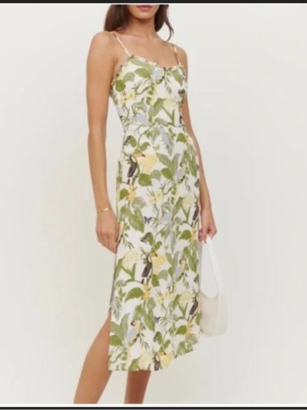 Reformation Tropical Bird Print Midi Wrap Dress Green Yellow‎ White Size 4
